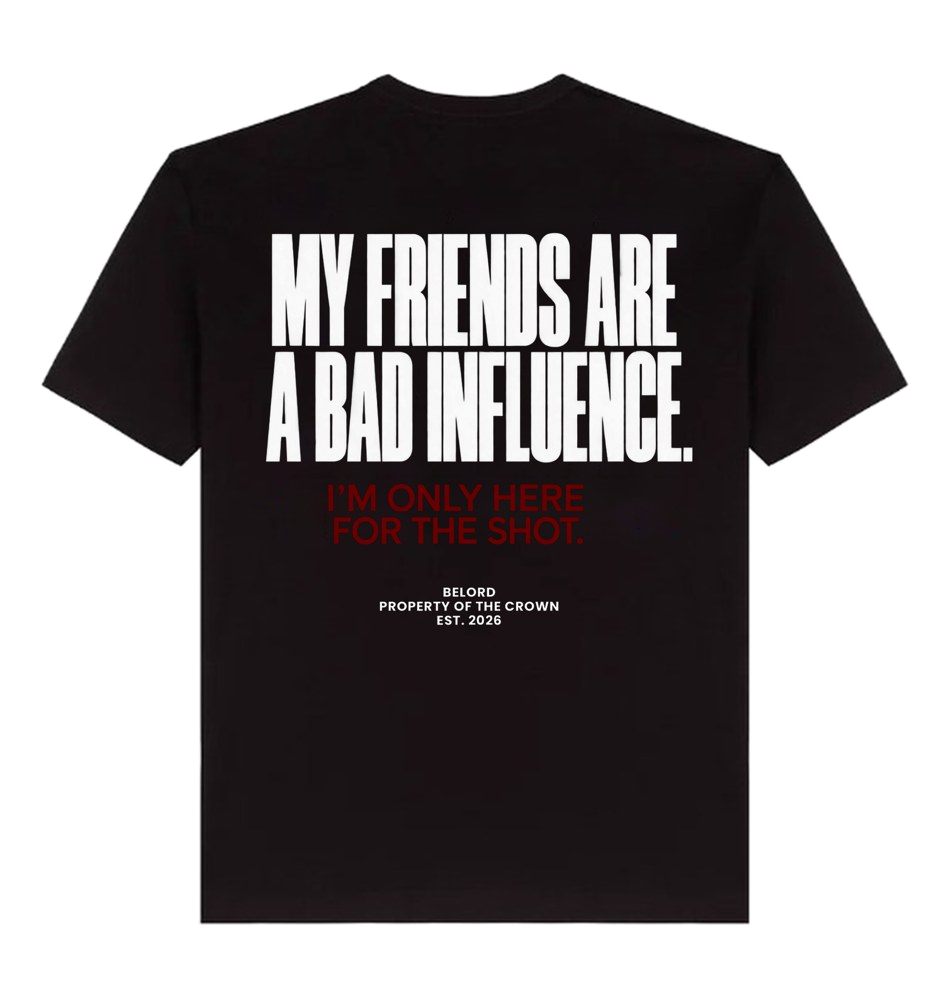 Camiseta Bad Influence preta, costas com a estampa, imagem da peça
