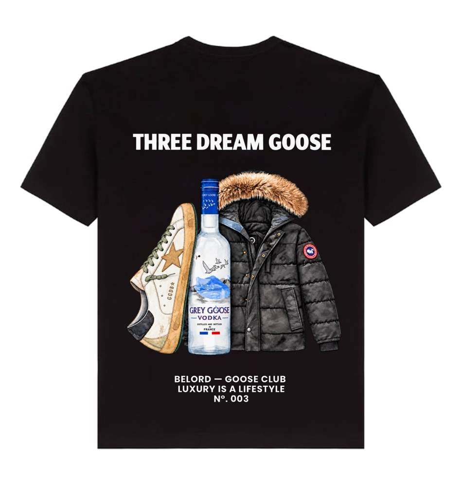 Camiseta Three Dream Goose preta, costas com a estampa, imagem da peça